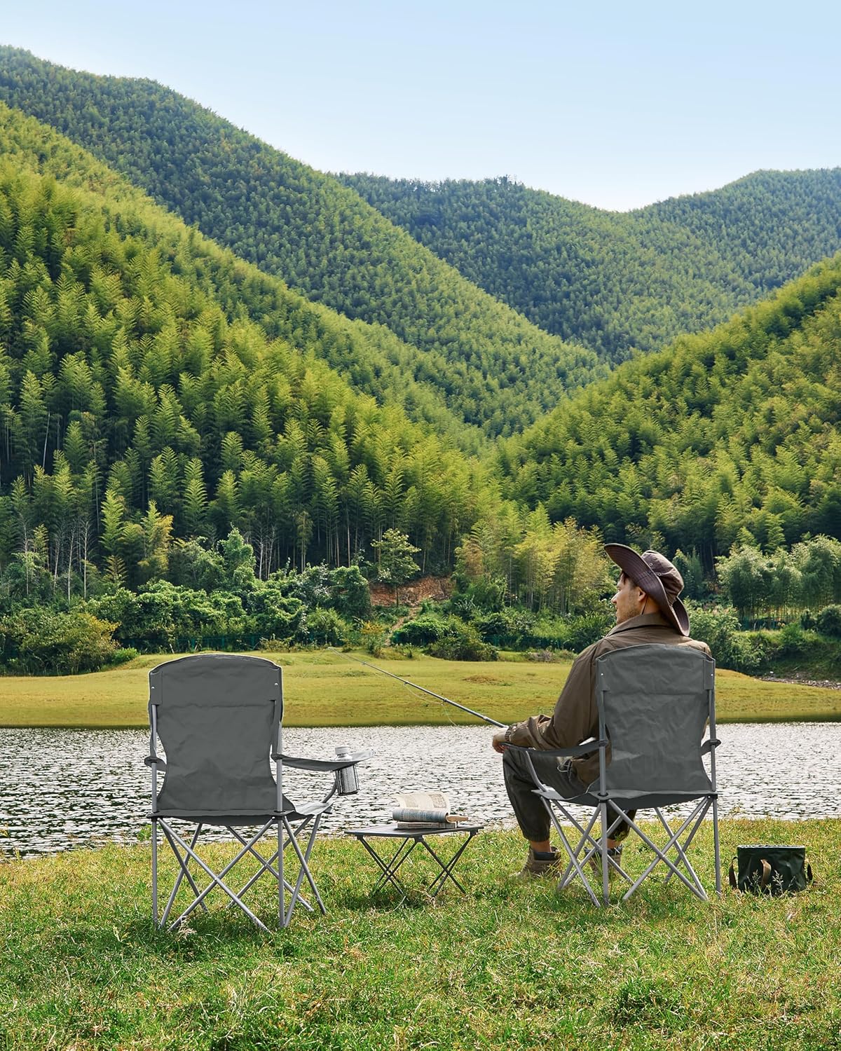 SONGMICS Set 2 scaune pliabile camping cu suport bauturi, husa transport, 150 kg, 54x86x97 cm, gri - imagine 5