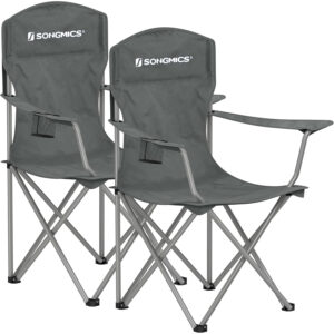 SONGMICS Set 2 scaune pliabile camping cu suport bauturi, husa transport, 150 kg, 54x86x97 cm, gri