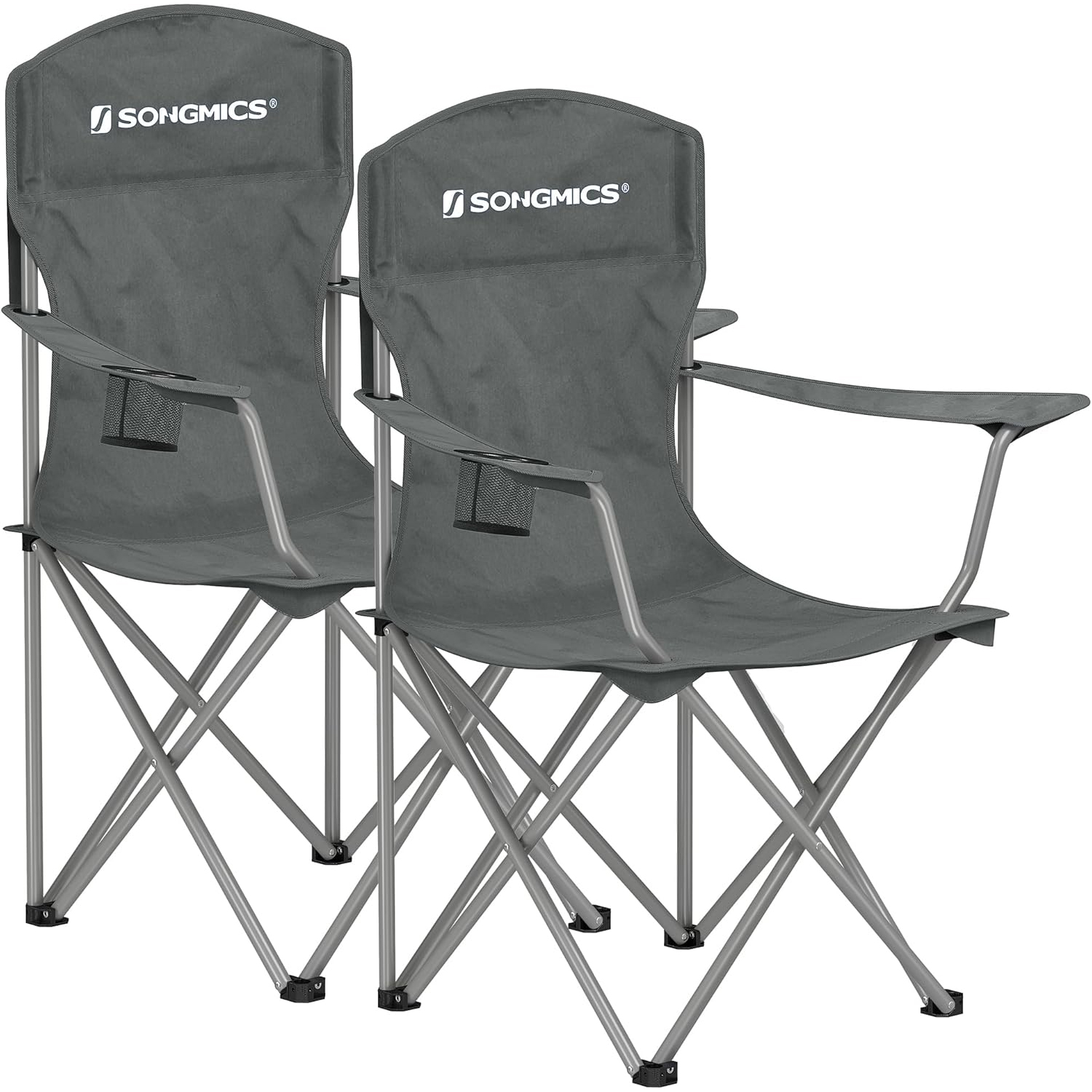 SONGMICS Set 2 scaune pliabile camping cu suport bauturi, husa transport, 150 kg, 54x86x97 cm, gri