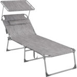 SONGMICS Sezlong pliabil, cu parasolar si tetiera, spatar reglabil in 4 pozitii, maxim 150kg, 200x71x38 cm, gri