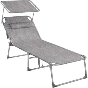 SONGMICS Sezlong pliabil, cu parasolar si tetiera, spatar reglabil in 4 pozitii, maxim 150kg, 200x71x38 cm, gri