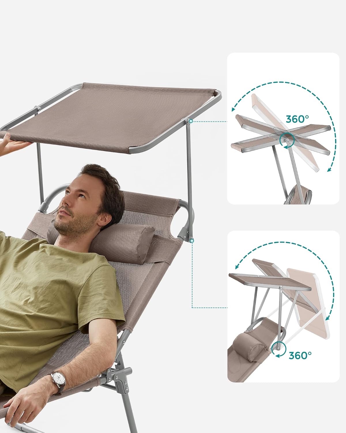 SONGMICS Sezlong pliabil, cu parasolar si tetiera, spatar reglabil in 4 pozitii, maxim 150kg, 200x71x38 cm, taupe - imagine 3