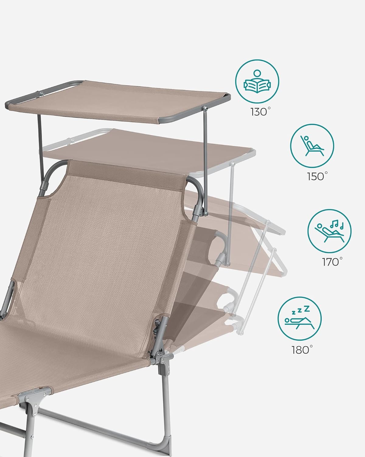 SONGMICS Sezlong pliabil, cu parasolar si tetiera, spatar reglabil in 4 pozitii, maxim 150kg, 200x71x38 cm, taupe - imagine 5