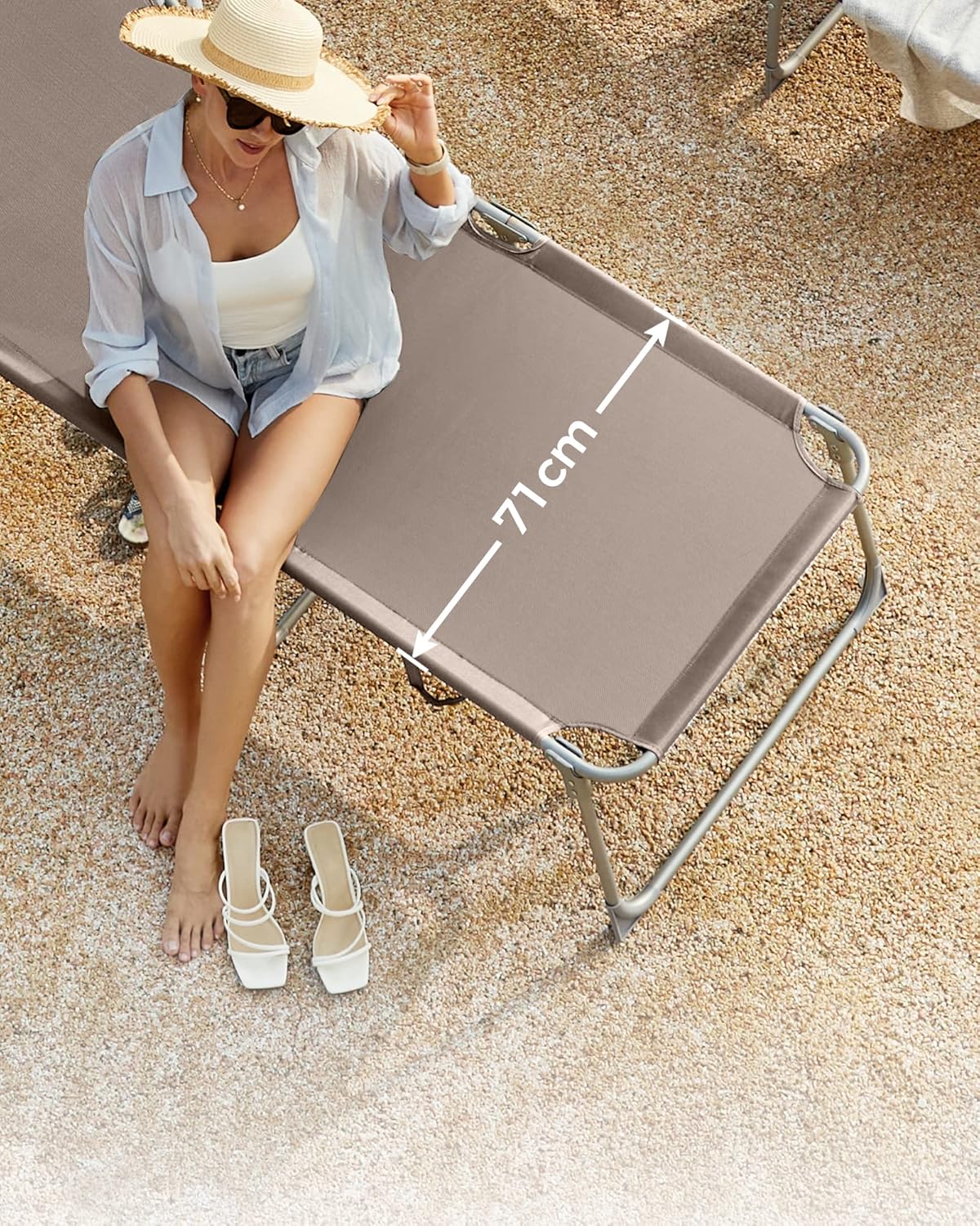 SONGMICS Sezlong pliabil, cu parasolar si tetiera, spatar reglabil in 4 pozitii, maxim 150kg, 200x71x38 cm, taupe - imagine 8