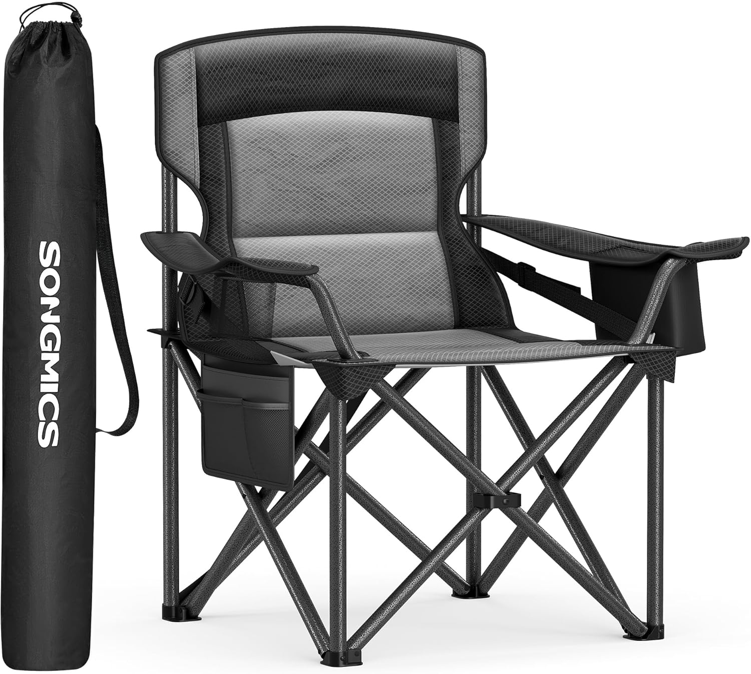 SONGMICS Scaun pliabil camping premium cu spatar inalt si sezut buretat, suport bauturi si buzunar termo, 200 kg, 63x95x100 cm, negru - imagine 4