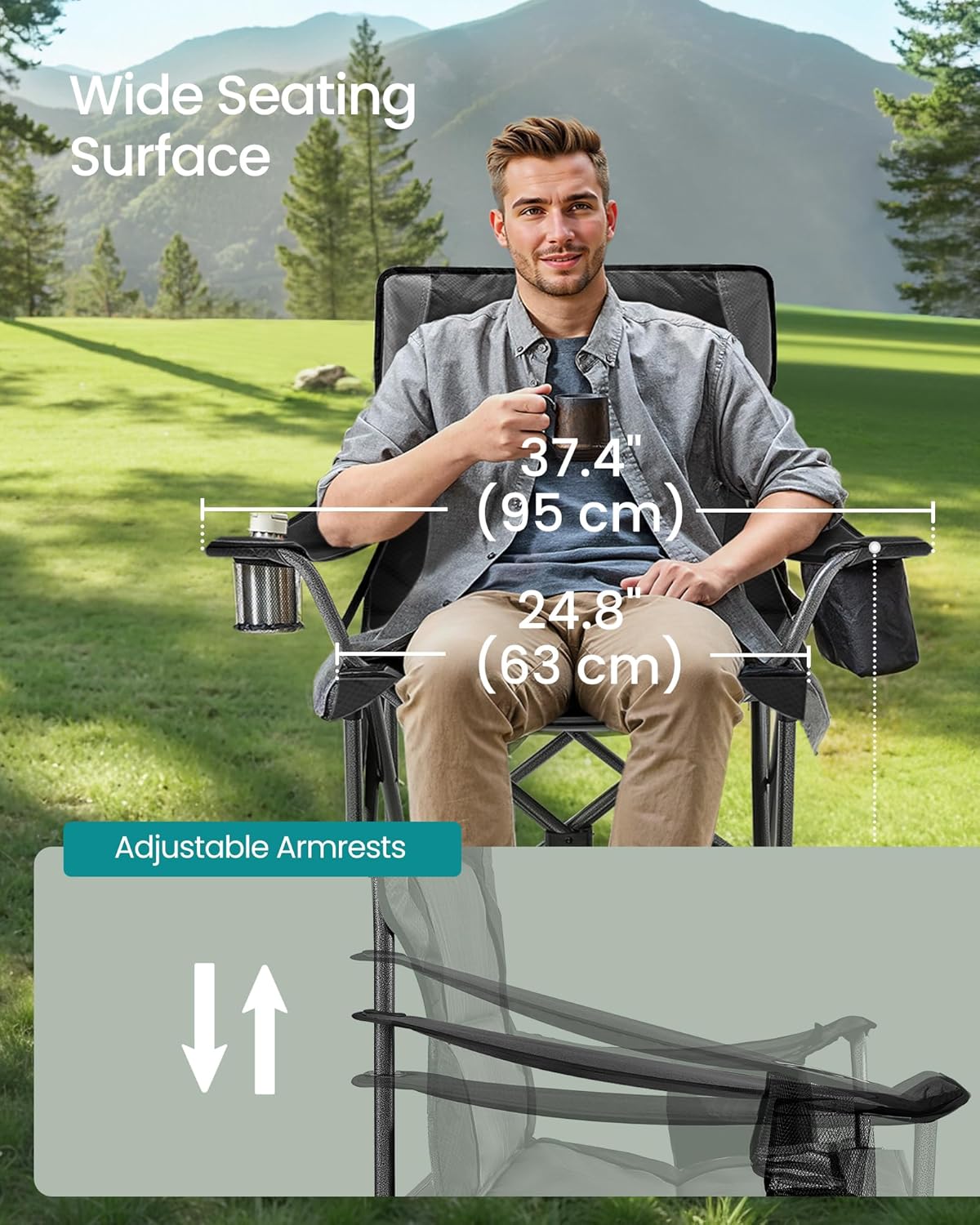 SONGMICS Scaun pliabil camping premium cu spatar inalt si sezut buretat, suport bauturi si buzunar termo, 200 kg, 63x95x100 cm, negru - imagine 7