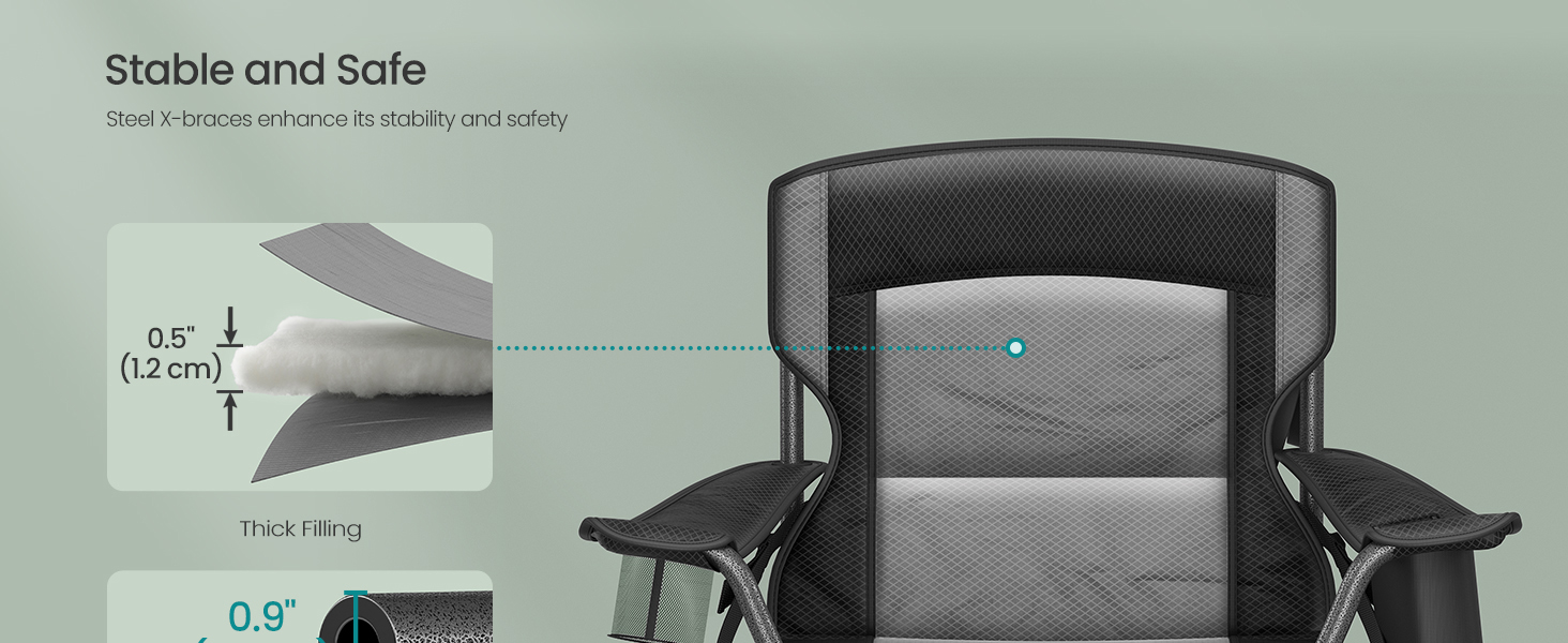 SONGMICS Scaun pliabil camping premium cu spatar inalt si sezut buretat, suport bauturi si buzunar termo, 200 kg, 63x95x100 cm, negru - imagine 8