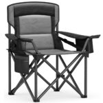 SONGMICS Scaun pliabil camping premium cu spatar inalt si sezut buretat, suport bauturi si buzunar termo, 200 kg, 63x95x100 cm, negru