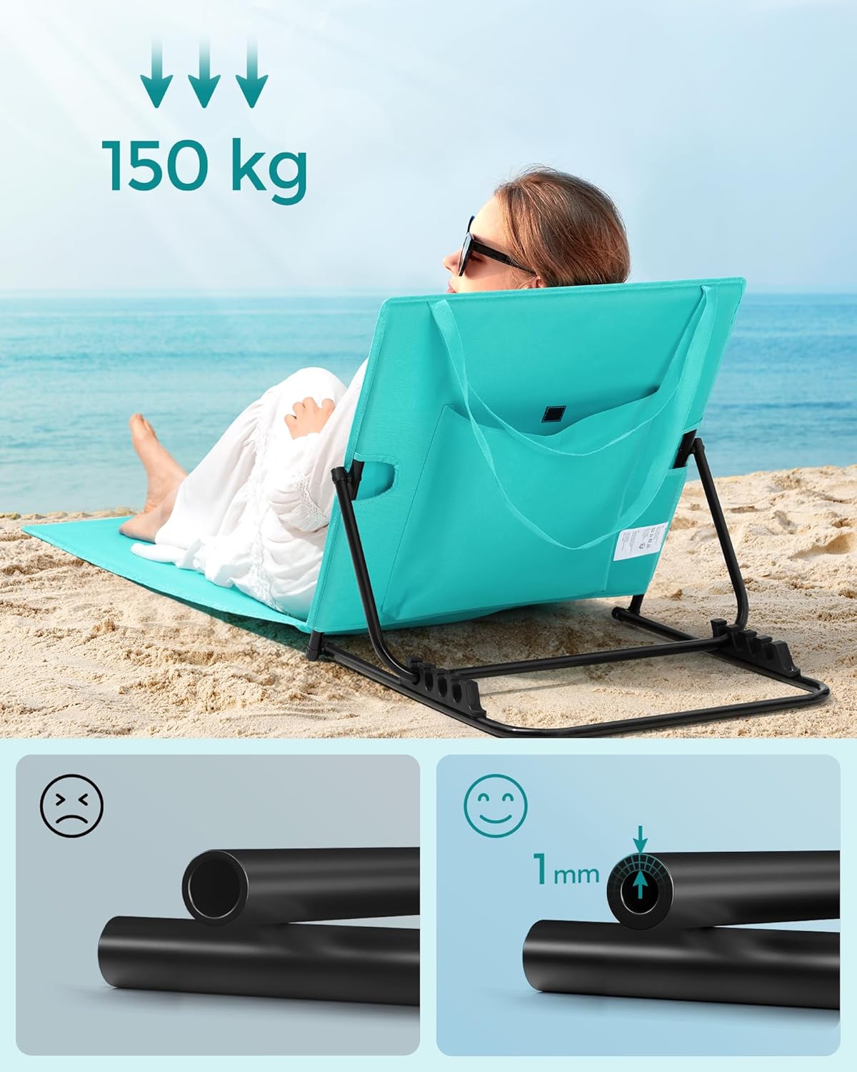 SONGMICS Sezlong plaja pliabil, spatar reglabil in 4 pozitii, tetiera, buzunar depozitare, 158x55 cm, albastru turqoise - imagine 5