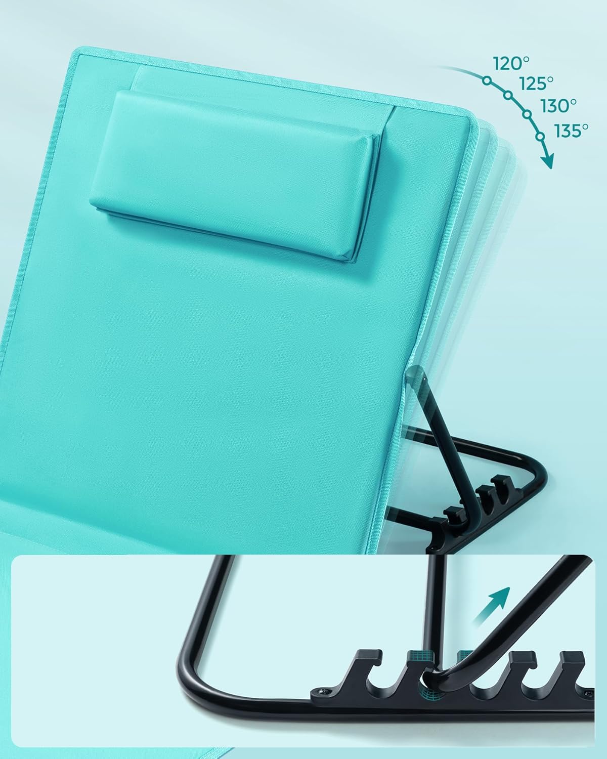 SONGMICS Sezlong plaja pliabil, spatar reglabil in 4 pozitii, tetiera, buzunar depozitare, 158x55 cm, albastru turqoise - imagine 7