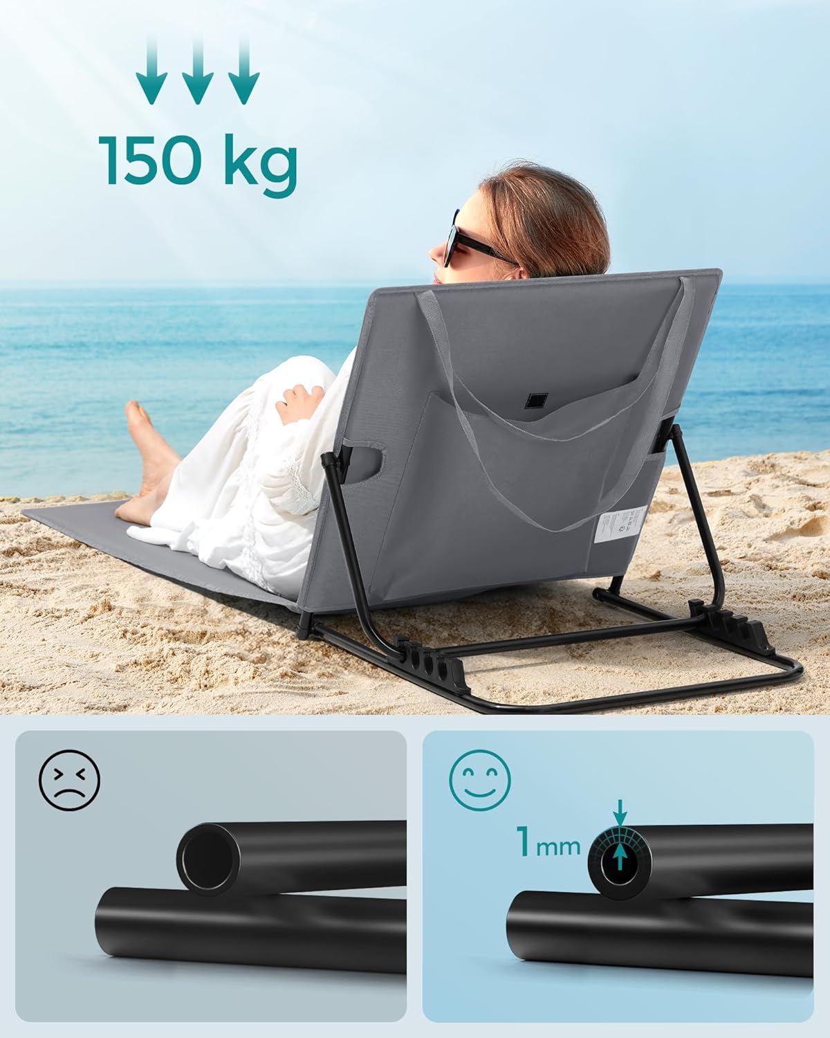 SONGMICS Sezlong plaja pliabil, spatar reglabil in 4 pozitii, tetiera, buzunar depozitare, 158x55 cm, gri - imagine 5