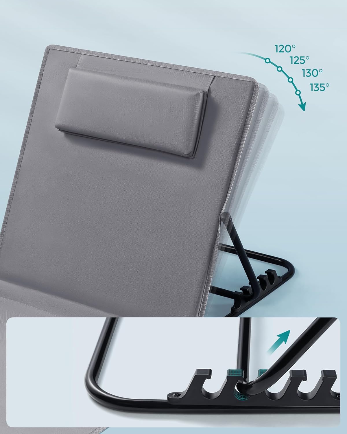 SONGMICS Sezlong plaja pliabil, spatar reglabil in 4 pozitii, tetiera, buzunar depozitare, 158x55 cm, gri - imagine 6