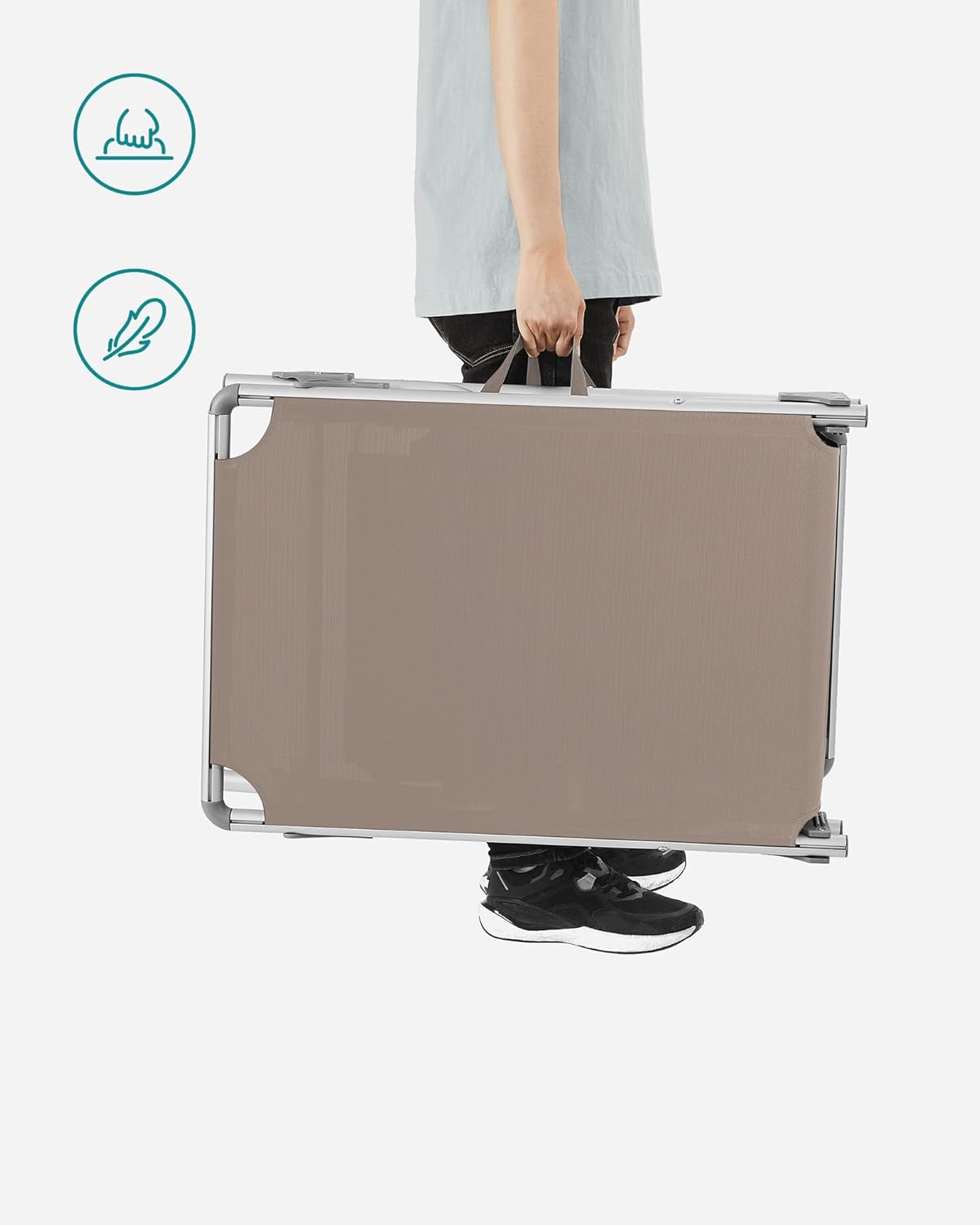 SONGMICS Sezlong pliabil, cu parasolar, spatar reglabil in 5 pozitii, maxim 150kg, 193x55x31cm, taupe - imagine 2