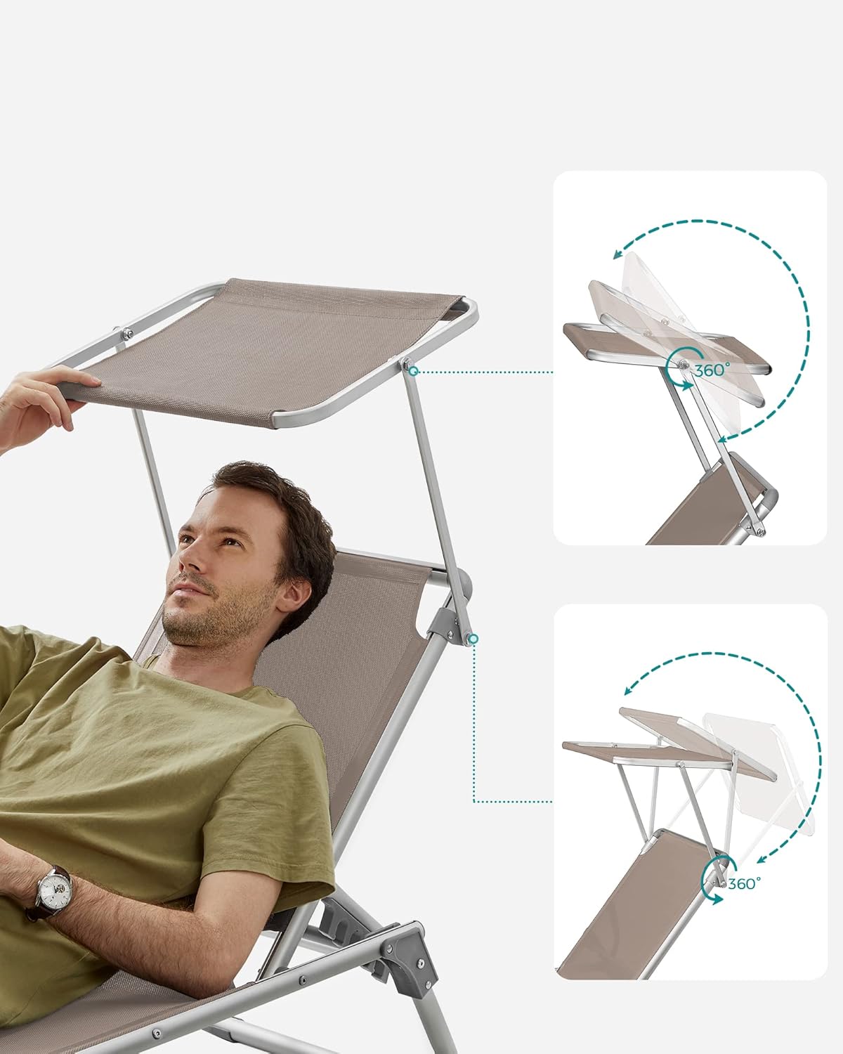 SONGMICS Sezlong pliabil, cu parasolar, spatar reglabil in 5 pozitii, maxim 150kg, 193x55x31cm, taupe - imagine 7