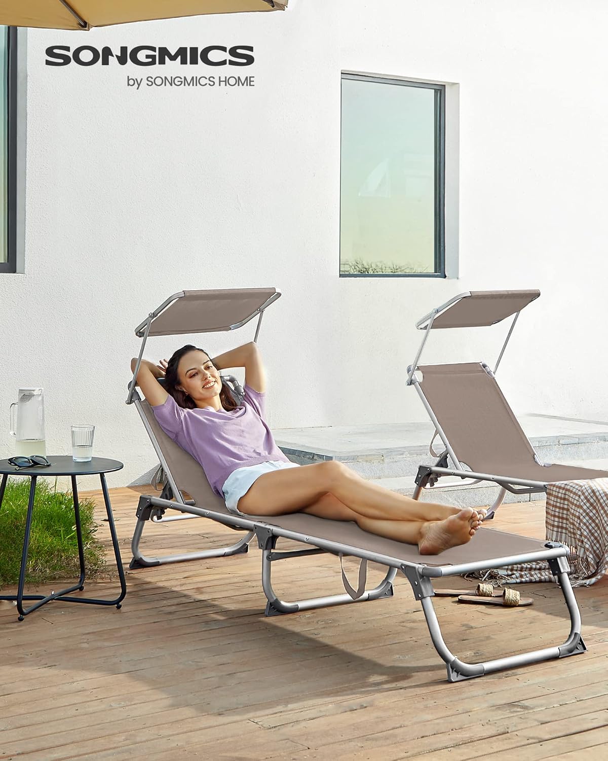 SONGMICS Sezlong pliabil, cu parasolar, spatar reglabil in 5 pozitii, maxim 150kg, 193x55x31cm, taupe - imagine 10