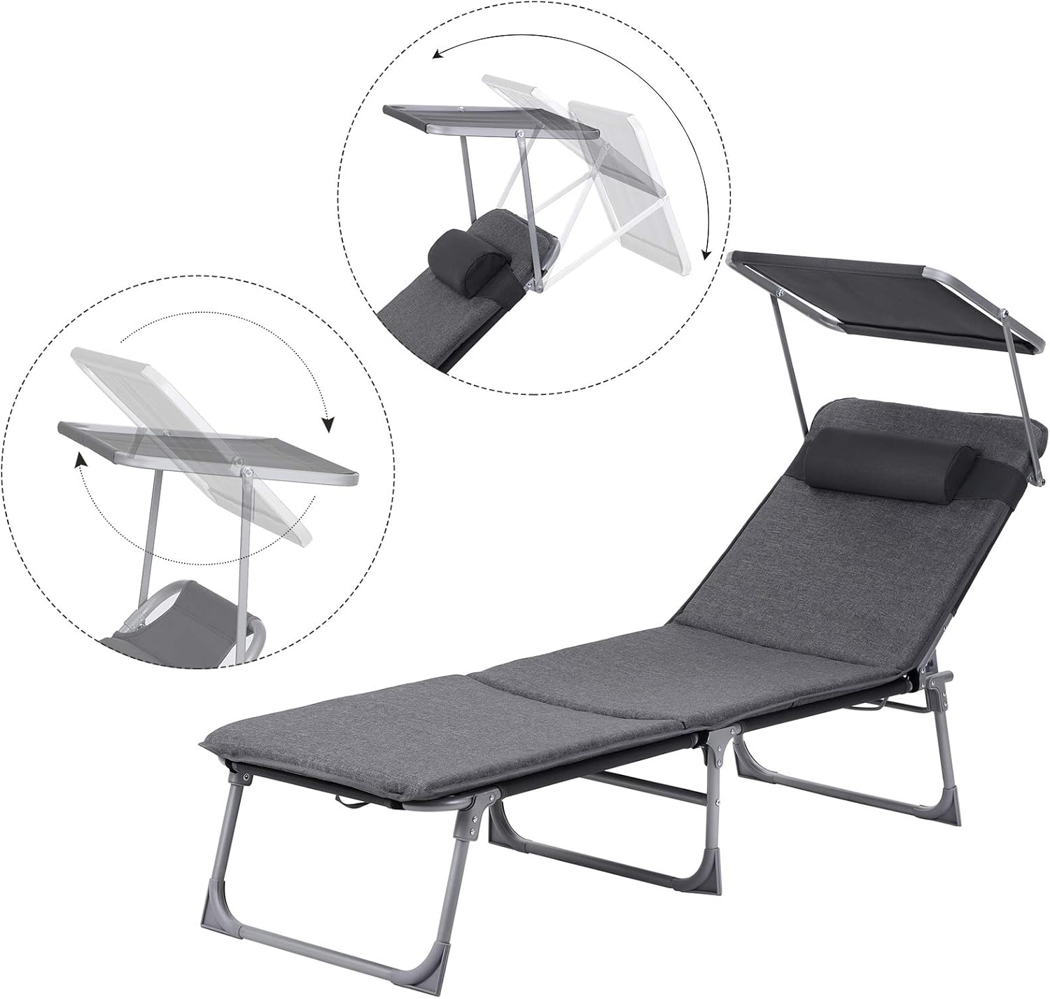 SONGMICS Sezlong pliabil, cu saltea, parasolar si tetiera, spatar reglabil in 4 pozitii, maxim 150kg, 193x53x30 cm, gri - imagine 2