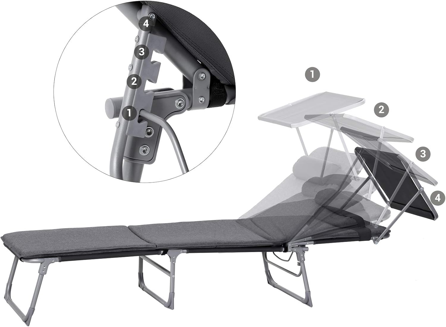 SONGMICS Sezlong pliabil, cu saltea, parasolar si tetiera, spatar reglabil in 4 pozitii, maxim 150kg, 193x53x30 cm, gri - imagine 7
