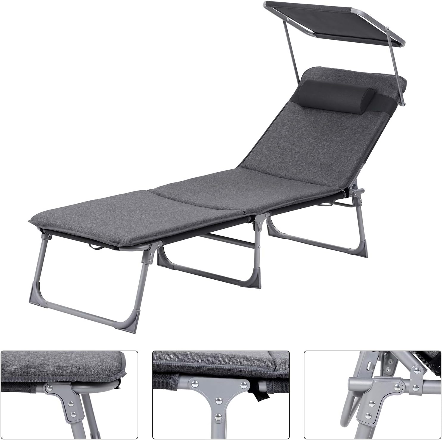 SONGMICS Sezlong pliabil, cu saltea, parasolar si tetiera, spatar reglabil in 4 pozitii, maxim 150kg, 193x53x30 cm, gri - imagine 8
