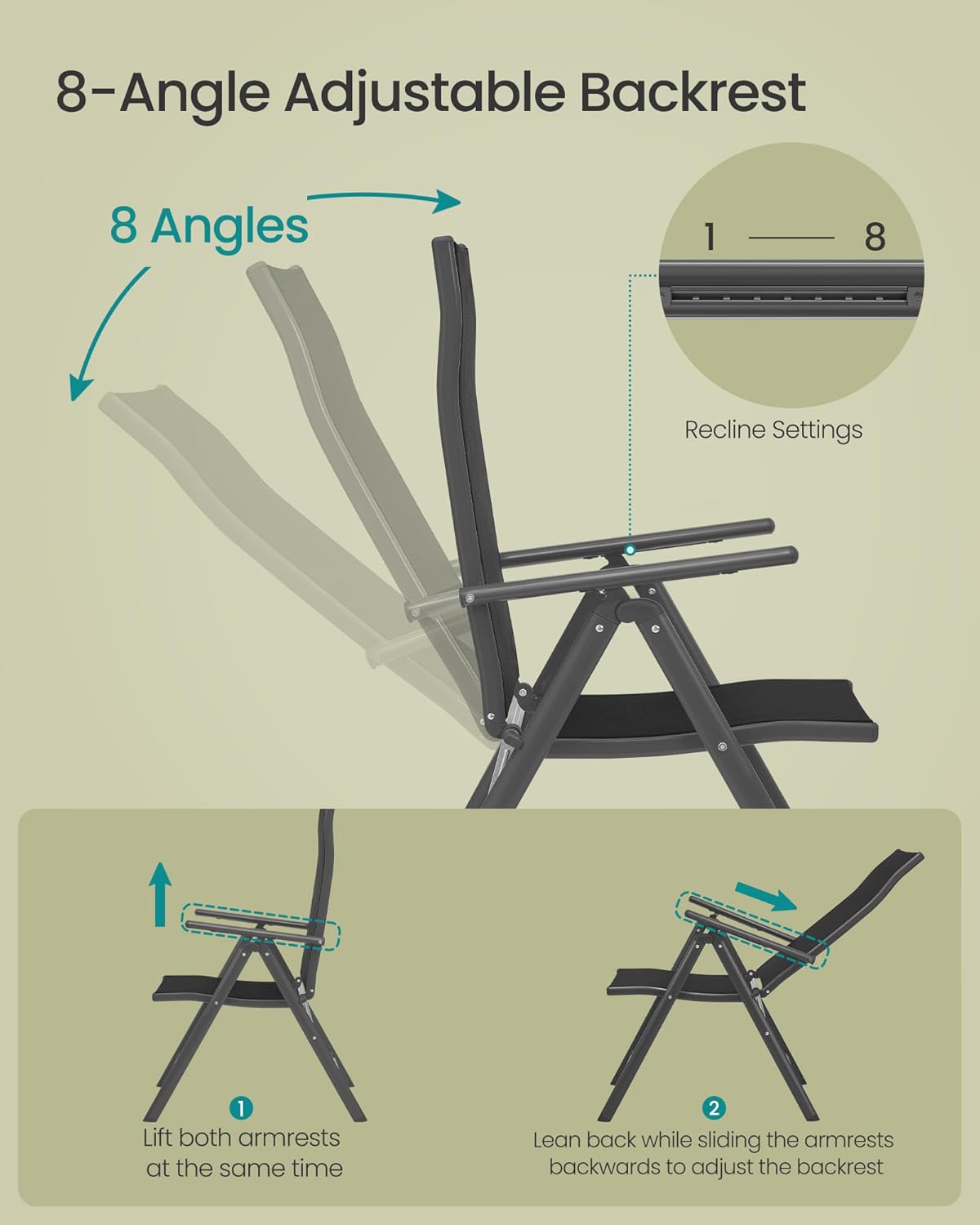SONGMICS Set 2 scaune gradina pliabile cu spatar reglabil 8 pozitii, 150 kg, 56x70x106 cm, negru - imagine 2