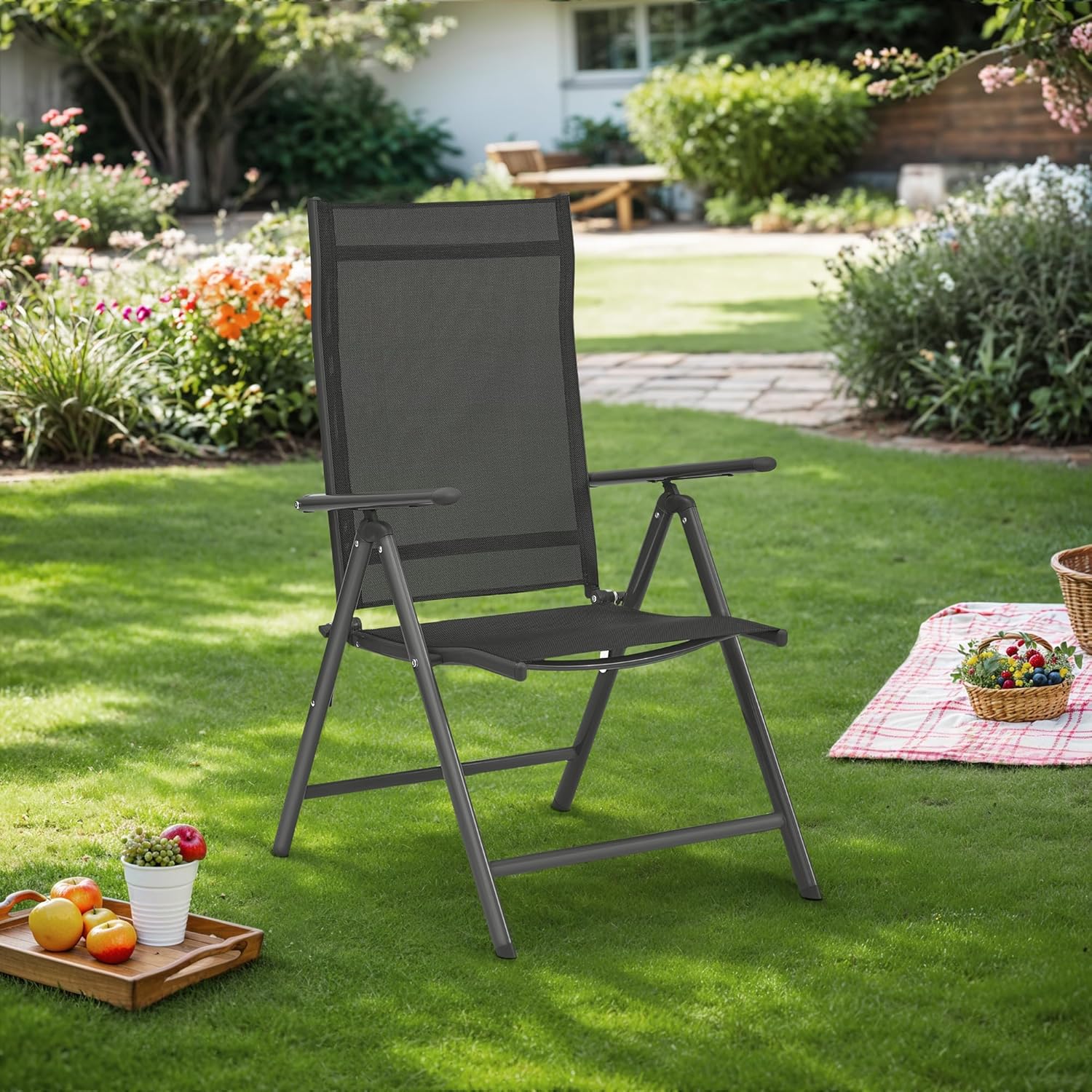 SONGMICS Set 2 scaune gradina pliabile cu spatar reglabil 8 pozitii, 150 kg, 56x70x106 cm, negru - imagine 6