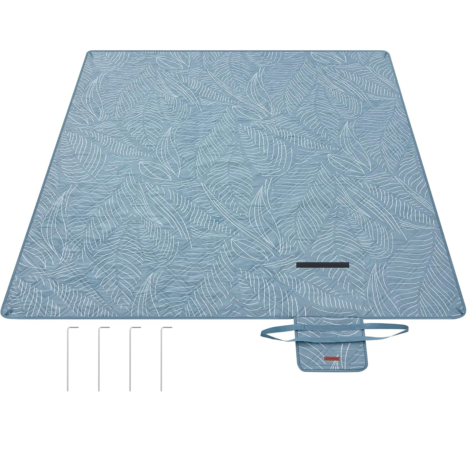 SONGMICS Patura picnic impermeabila 200x200 cm, cu ancore de fixare, pliabila, lavabila, multistrat, albastru cu model frunze