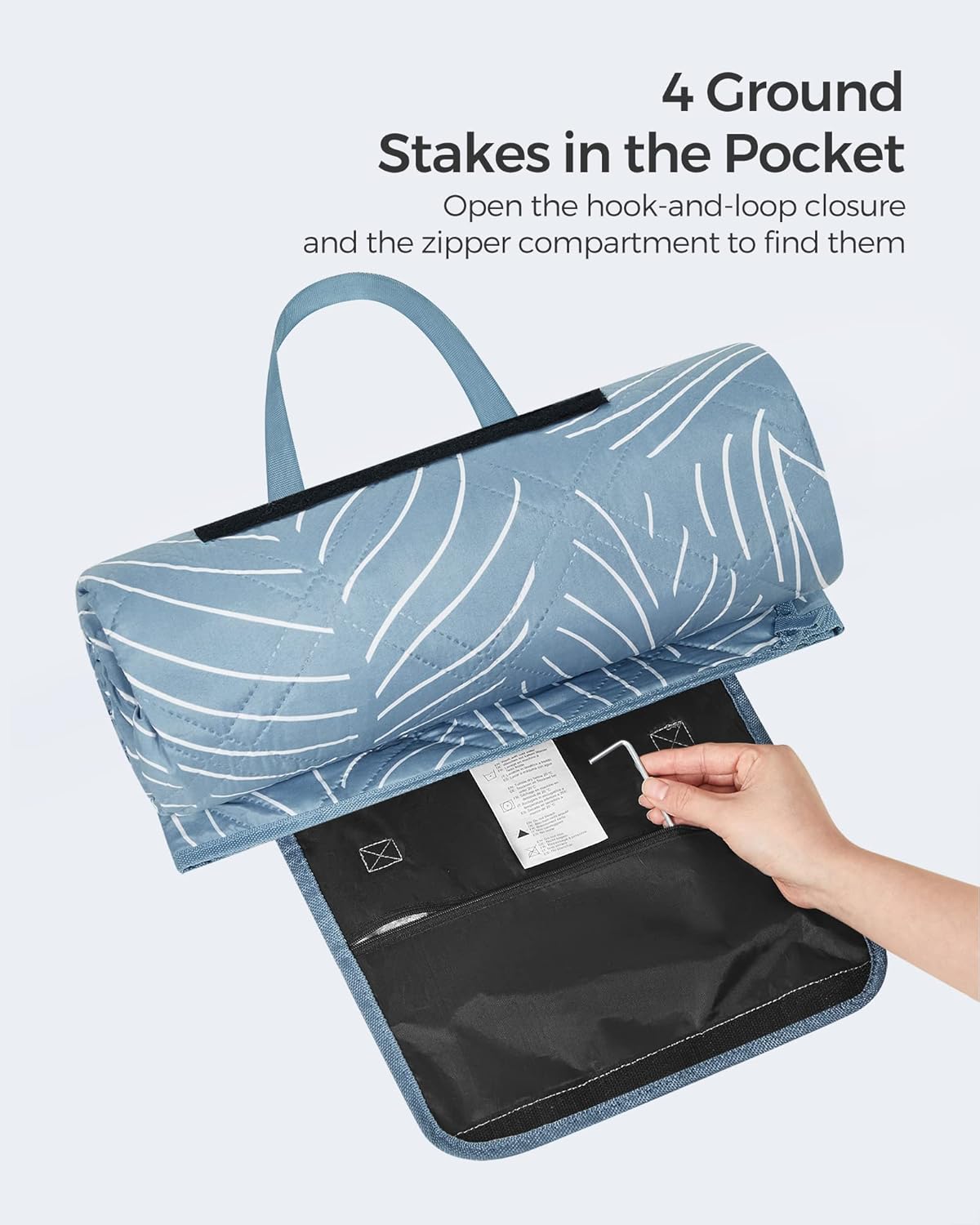 SONGMICS Patura picnic impermeabila 200x200 cm, cu ancore de fixare, pliabila, lavabila, multistrat, albastru cu model frunze - imagine 3