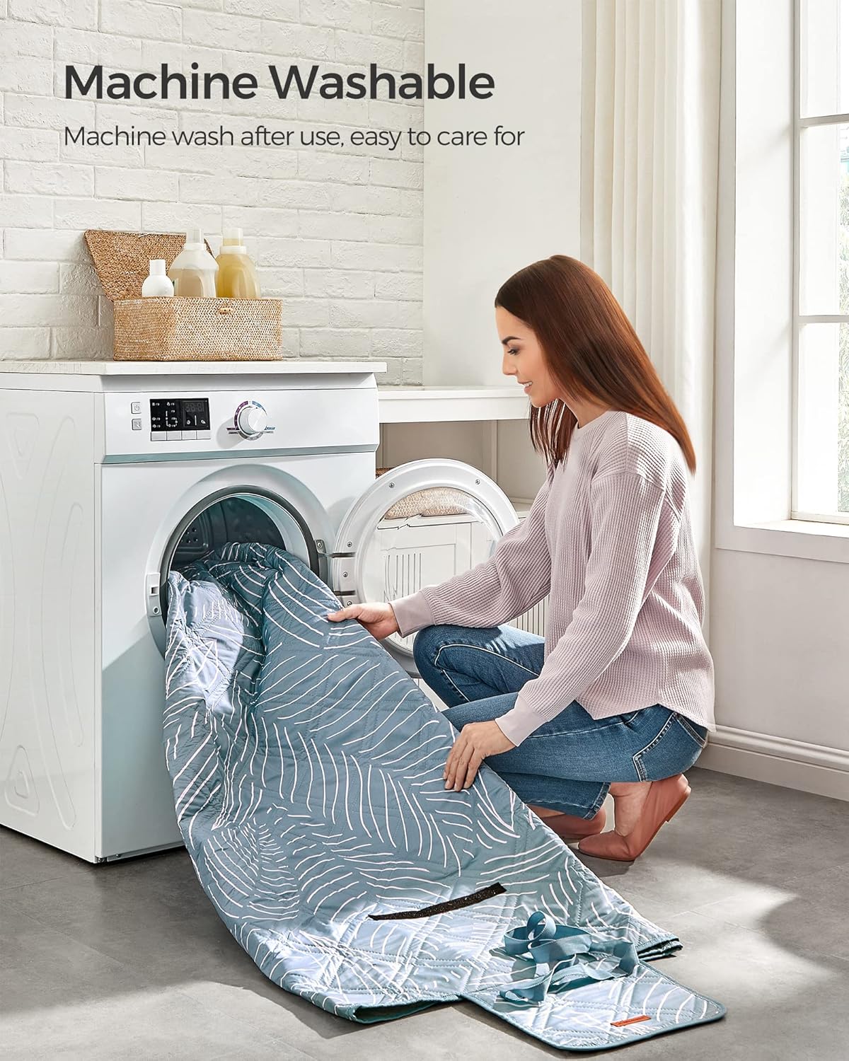 SONGMICS Patura picnic impermeabila 200x200 cm, cu ancore de fixare, pliabila, lavabila, multistrat, albastru cu model frunze - imagine 7