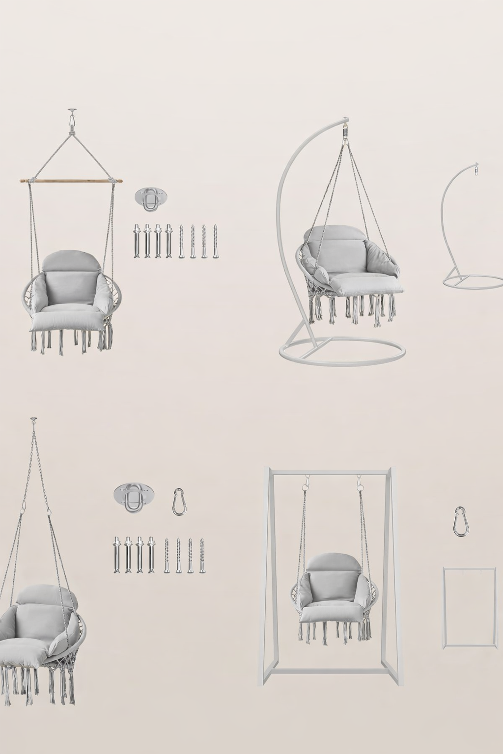 SONGMICS Scaun suspendat tip hamac cu perna groasa, stil scandinav, cadru metalic, include lant si carabiniera, 120 kg, gri - imagine 3