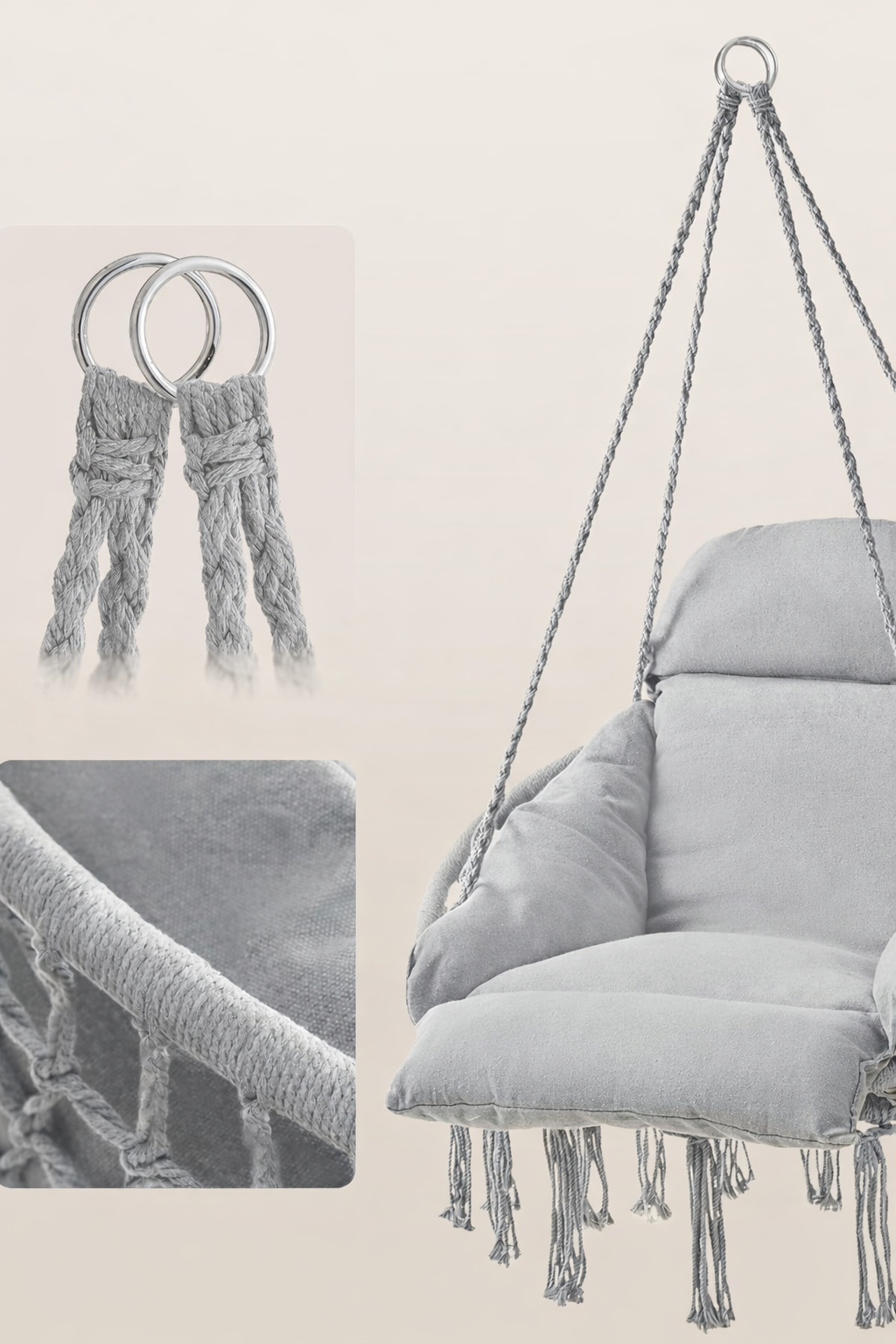 SONGMICS Scaun suspendat tip hamac cu perna groasa, stil scandinav, cadru metalic, include lant si carabiniera, 120 kg, gri - imagine 5