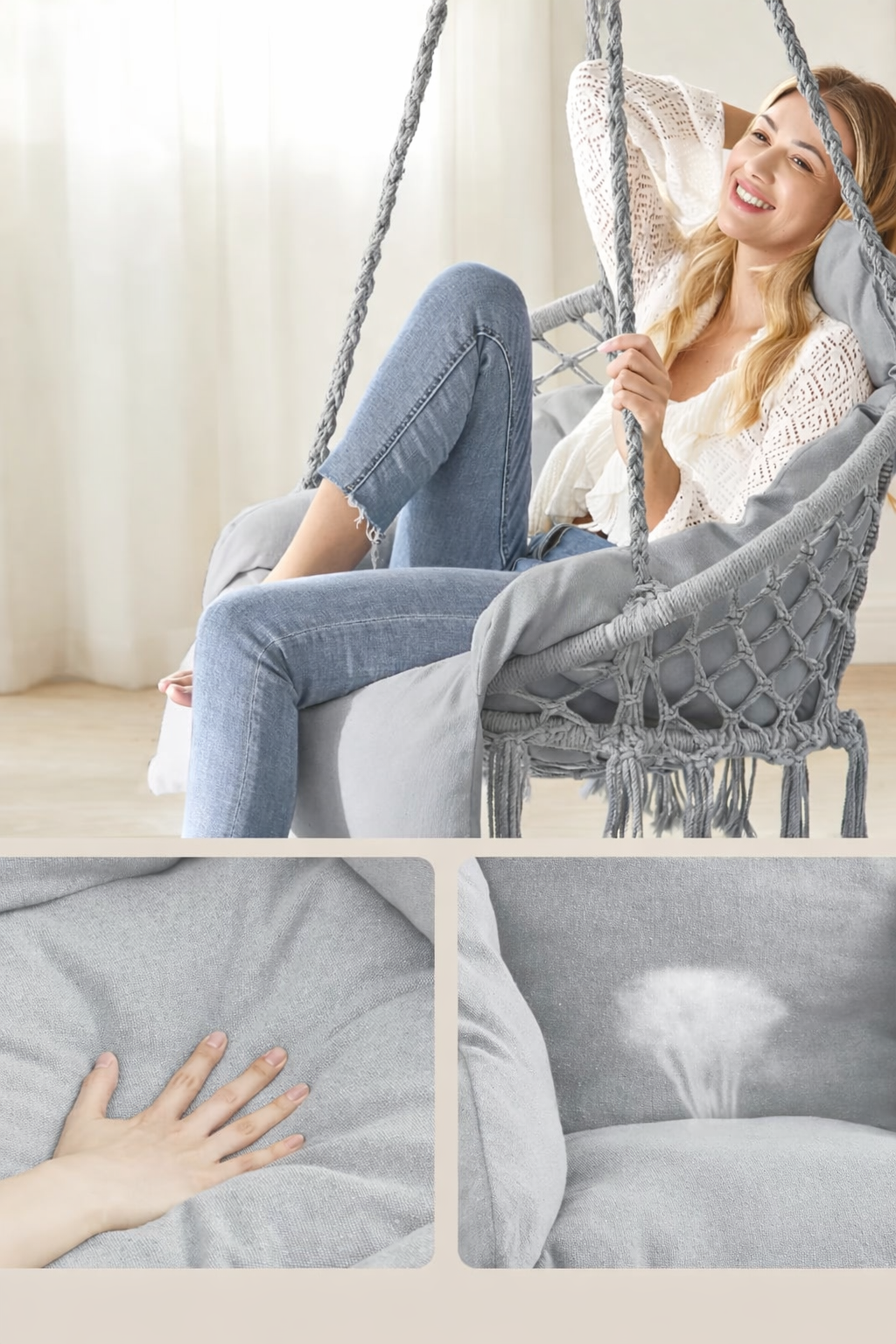 SONGMICS Scaun suspendat tip hamac cu perna groasa, stil scandinav, cadru metalic, include lant si carabiniera, 120 kg, gri - imagine 7