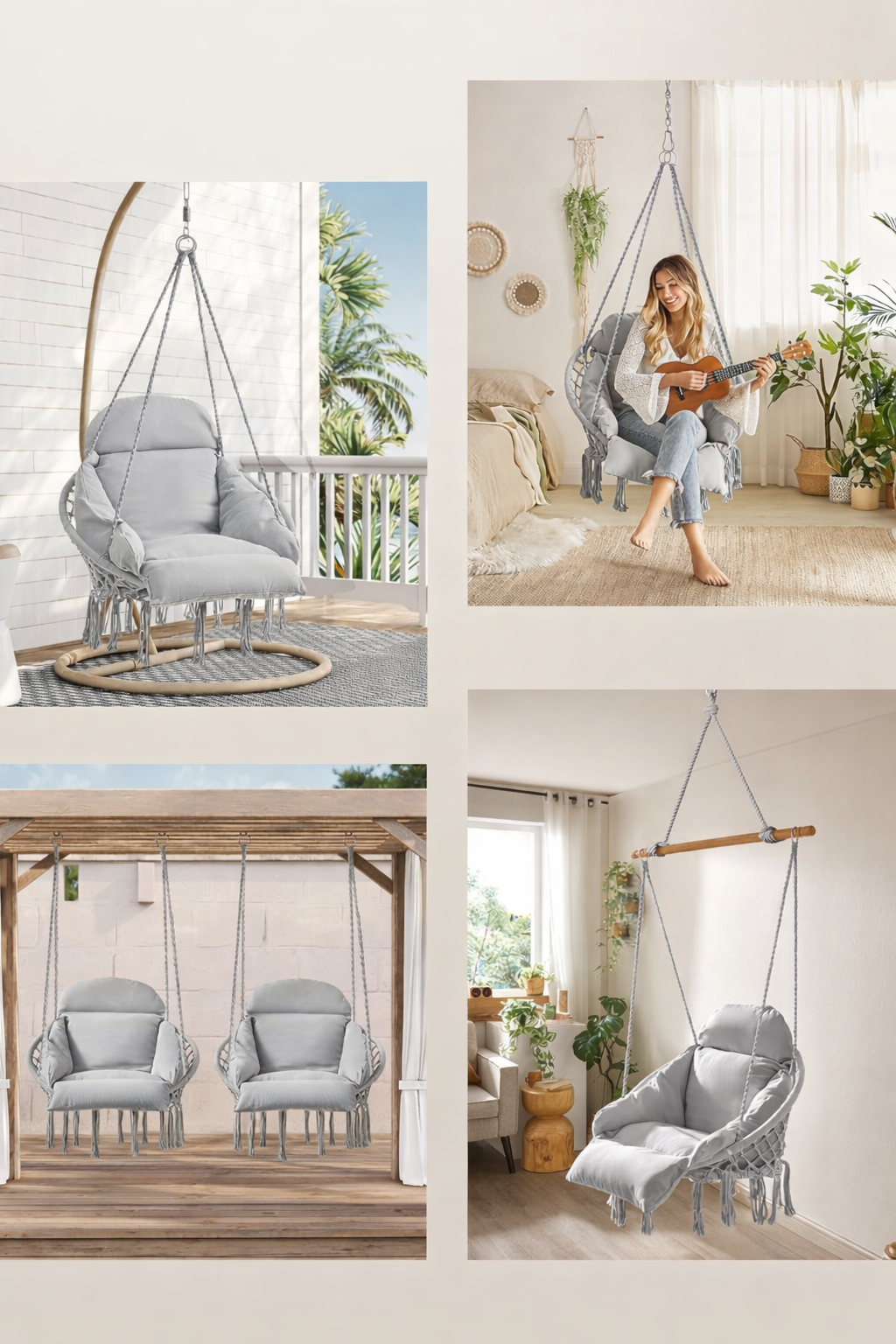 SONGMICS Scaun suspendat tip hamac cu perna groasa, stil scandinav, cadru metalic, include lant si carabiniera, 120 kg, gri - imagine 8