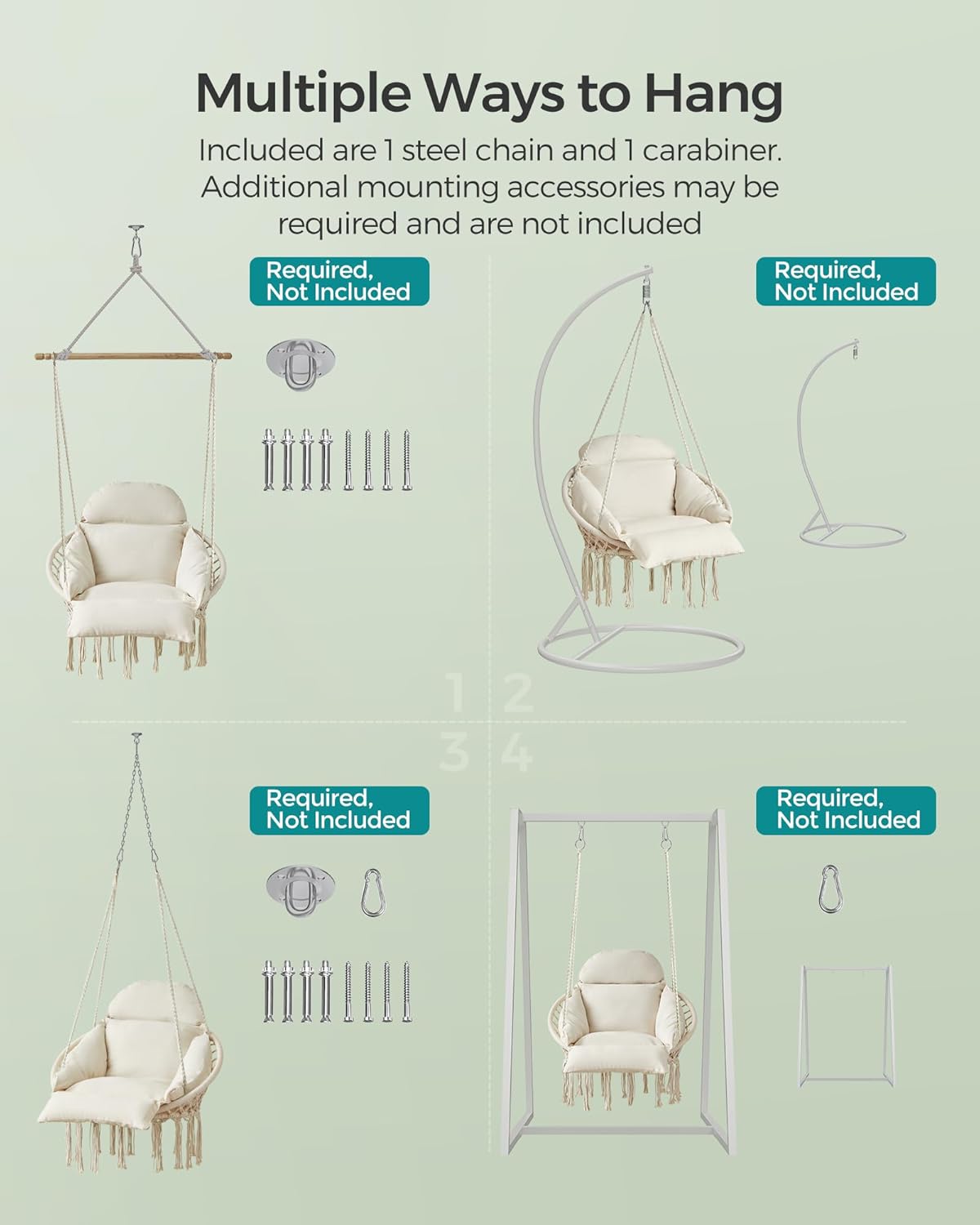 SONGMICS Scaun suspendat tip hamac cu perna groasa, stil scandinav, cadru metalic, include lant si carabiniera, 120 kg, crem - imagine 2