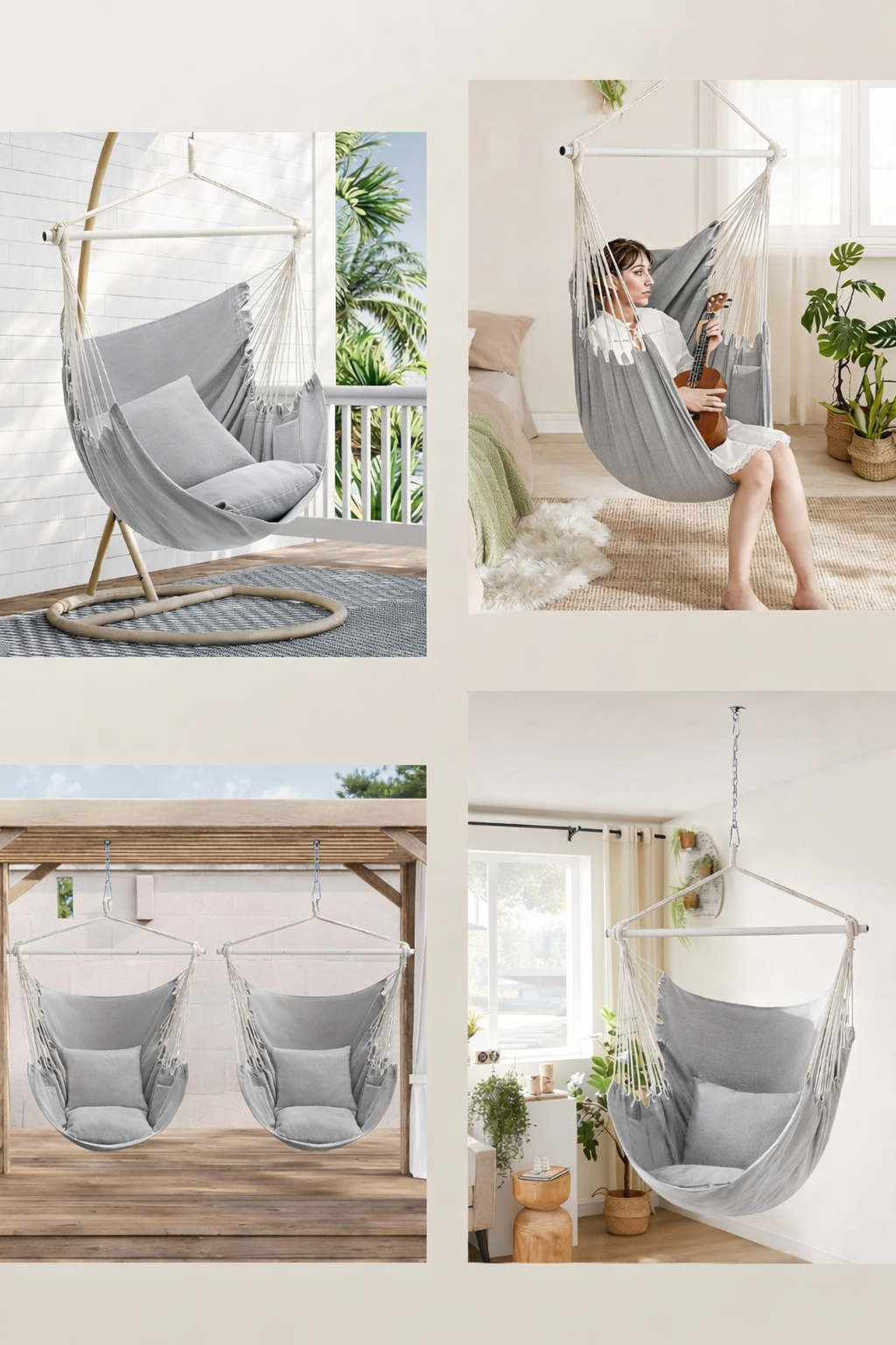 SONGMICS Fotoliu suspendat tip hamac cu 2 perne, lant si carabiniera incluse, 150x128 cm, gri - imagine 3