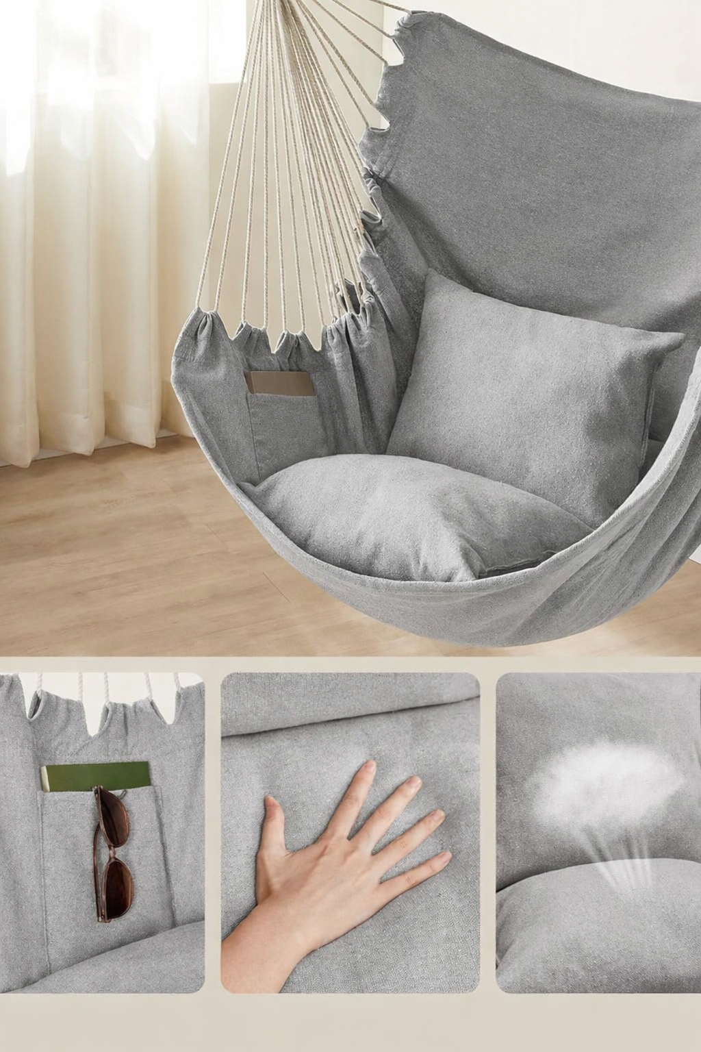 SONGMICS Fotoliu suspendat tip hamac cu 2 perne, lant si carabiniera incluse, 150x128 cm, gri - imagine 4