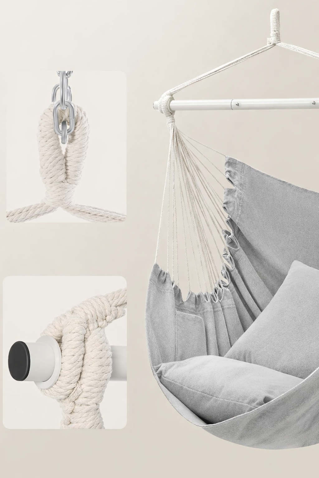 SONGMICS Fotoliu suspendat tip hamac cu 2 perne, lant si carabiniera incluse, 150x128 cm, gri - imagine 6