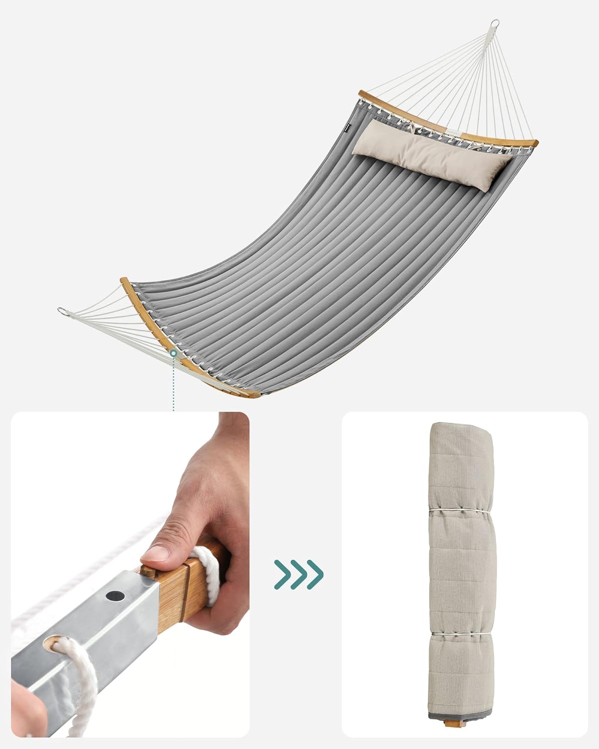 SONGMICS Hamac dublu cu bare curbate din bambus, perna inclusa, maxim 225 kg, 200x140 cm, gri - imagine 2