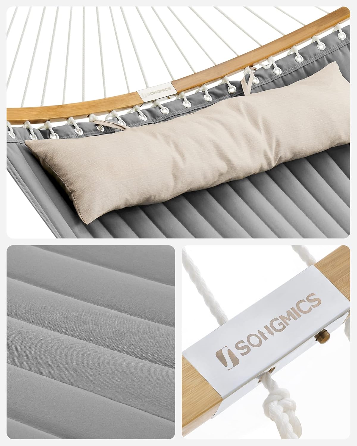 SONGMICS Hamac dublu cu bare curbate din bambus, perna inclusa, maxim 225 kg, 200x140 cm, gri - imagine 3