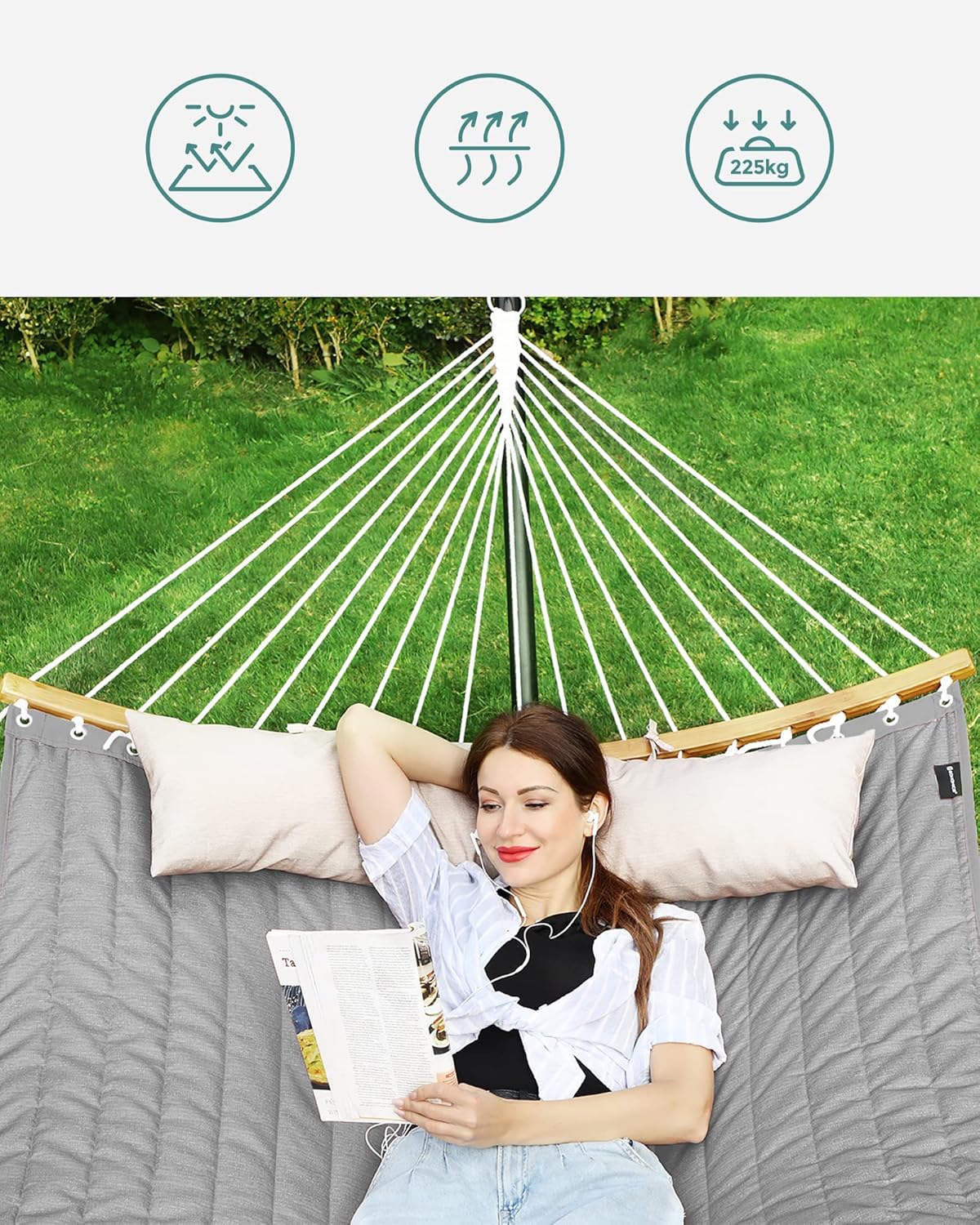 SONGMICS Hamac dublu cu bare curbate din bambus, perna inclusa, maxim 225 kg, 200x140 cm, gri - imagine 5