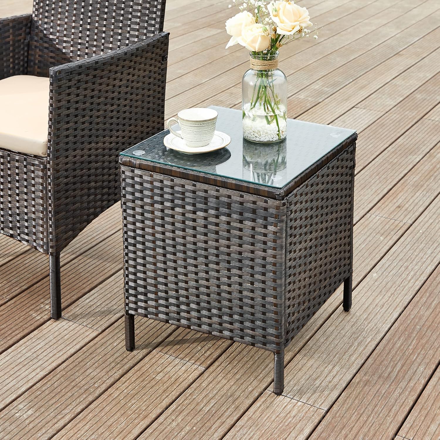 SONGMICS Set mobilier gradina cu 2 locuri, 2 scaune si masa cu sticla, ratan PE, maro - imagine 4