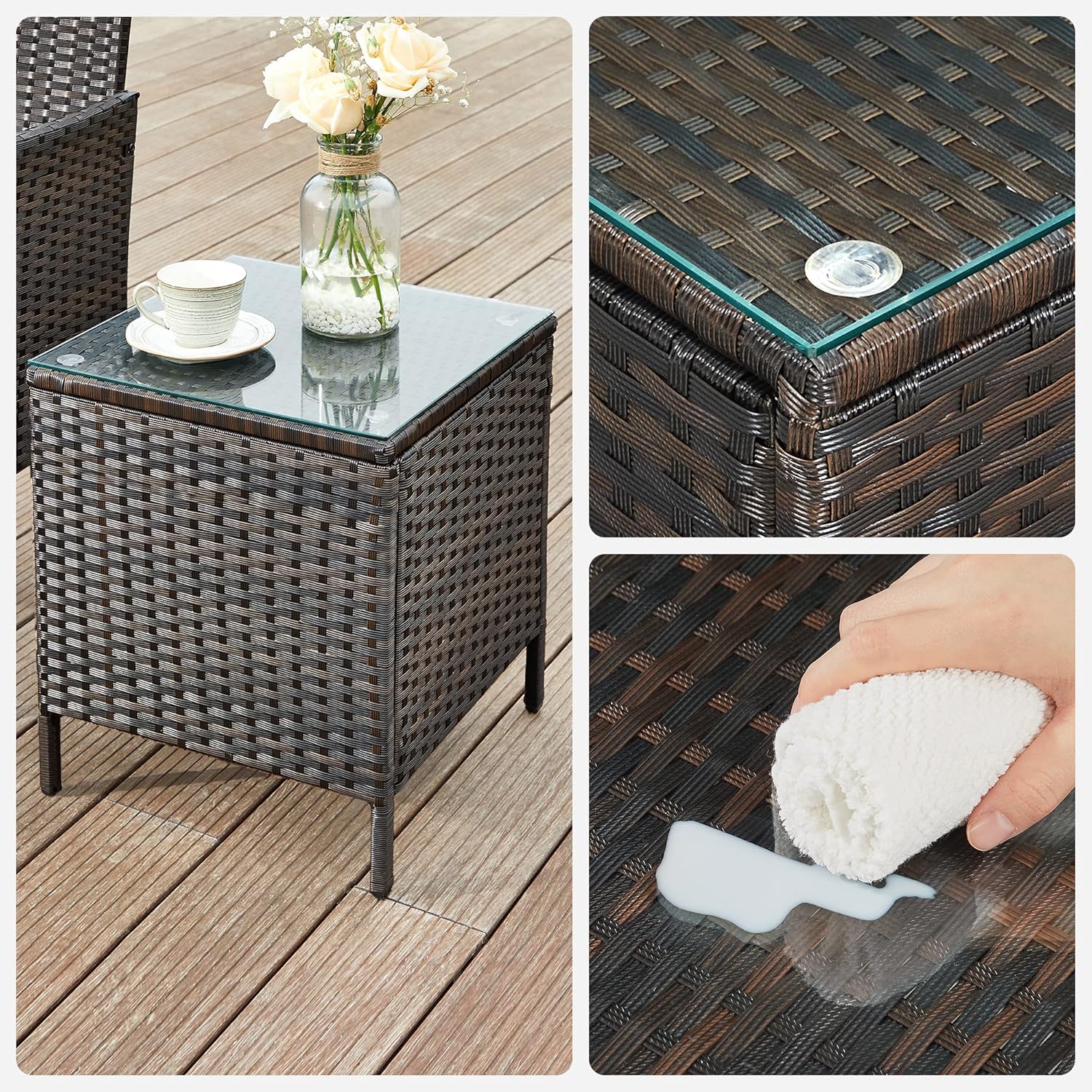 SONGMICS Set mobilier gradina cu 2 locuri, 2 scaune si masa cu sticla, ratan PE, maro - imagine 7