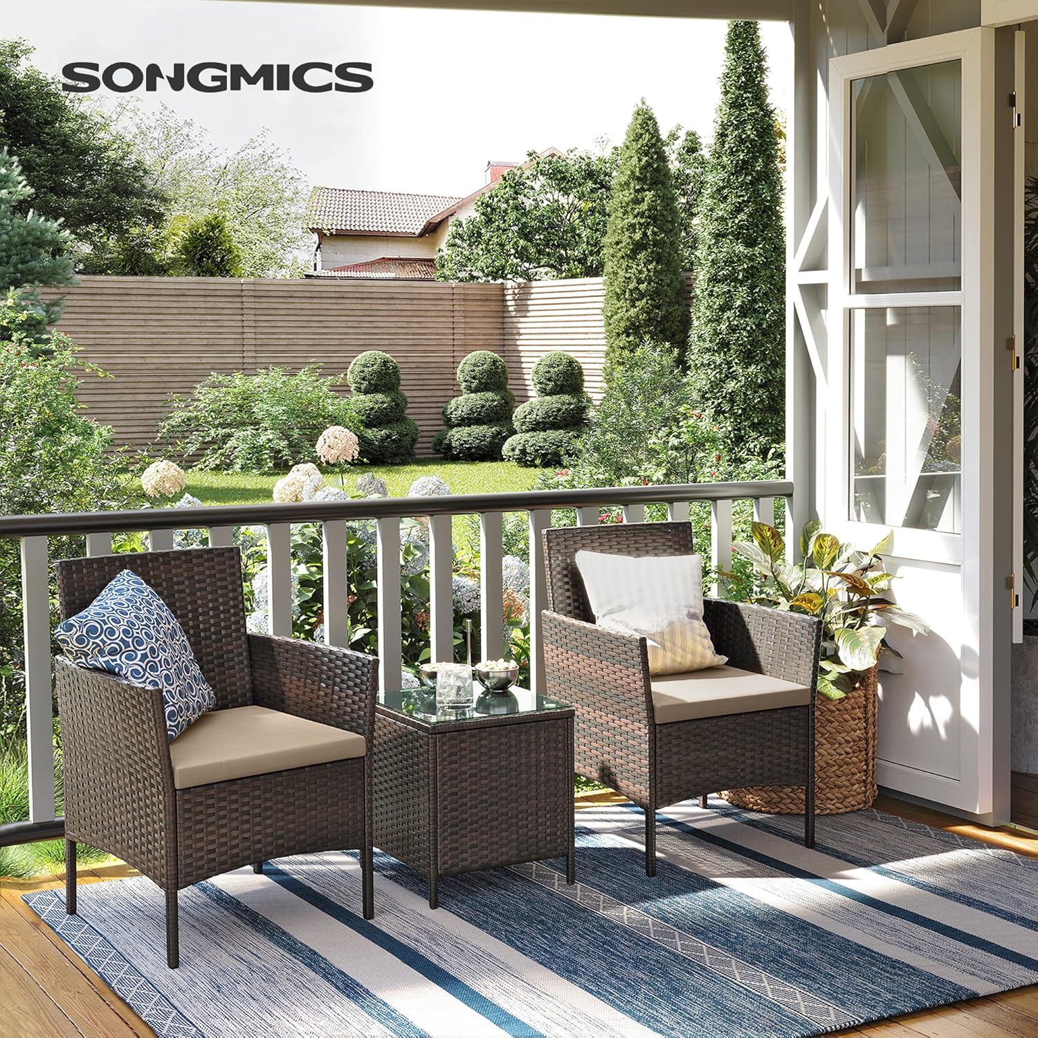 SONGMICS Set mobilier gradina cu 2 locuri, 2 scaune si masa cu sticla, ratan PE, maro - imagine 9