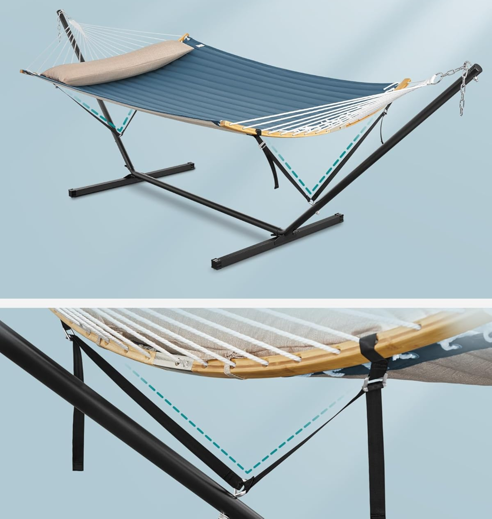 SONGMICS Hamac cu suport metalic, cu suprafata captusita, reglabil, include perna, 200 kg, 400x100x90 cm, albastru - imagine 3