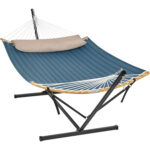 SONGMICS Hamac cu suport metalic, cu suprafata captusita, reglabil, include perna, 200 kg, 400x100x90 cm, albastru