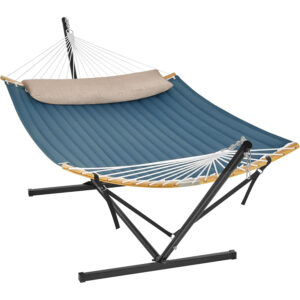 SONGMICS Hamac cu suport metalic, cu suprafata captusita, reglabil, include perna, 200 kg, 400x100x90 cm, albastru