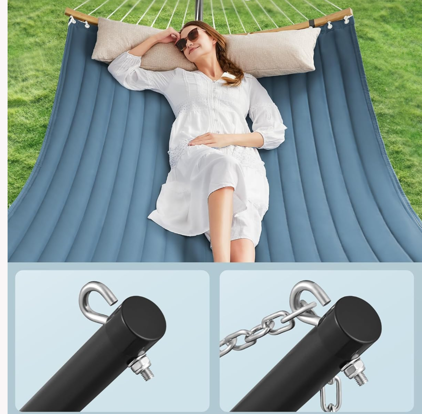 SONGMICS Hamac cu suport metalic, cu suprafata captusita, reglabil, include perna, 200 kg, 400x100x90 cm, albastru - imagine 5