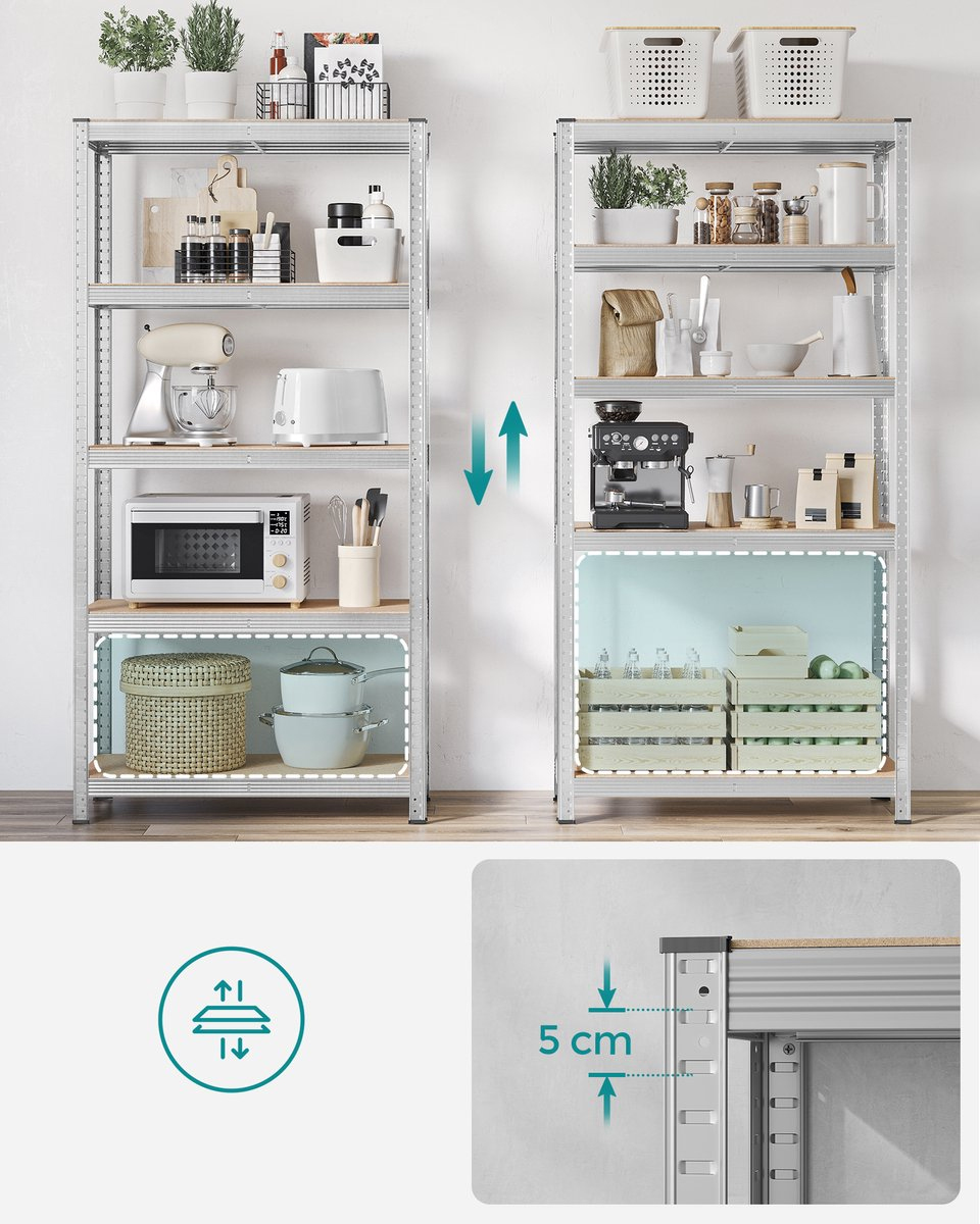 SONGMICS Raft cadru metalic modular pentru depozitare, 5 polite, 180x90x40 cm, sarcina 875 kg, gri - imagine 4