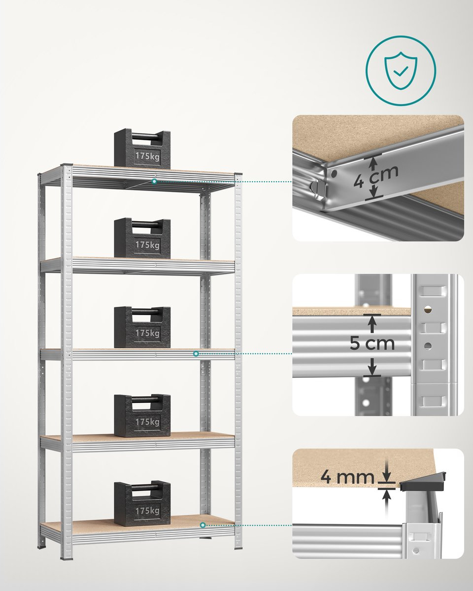 SONGMICS Raft cadru metalic modular pentru depozitare, 5 polite, 180x90x40 cm, sarcina 875 kg, gri - imagine 6