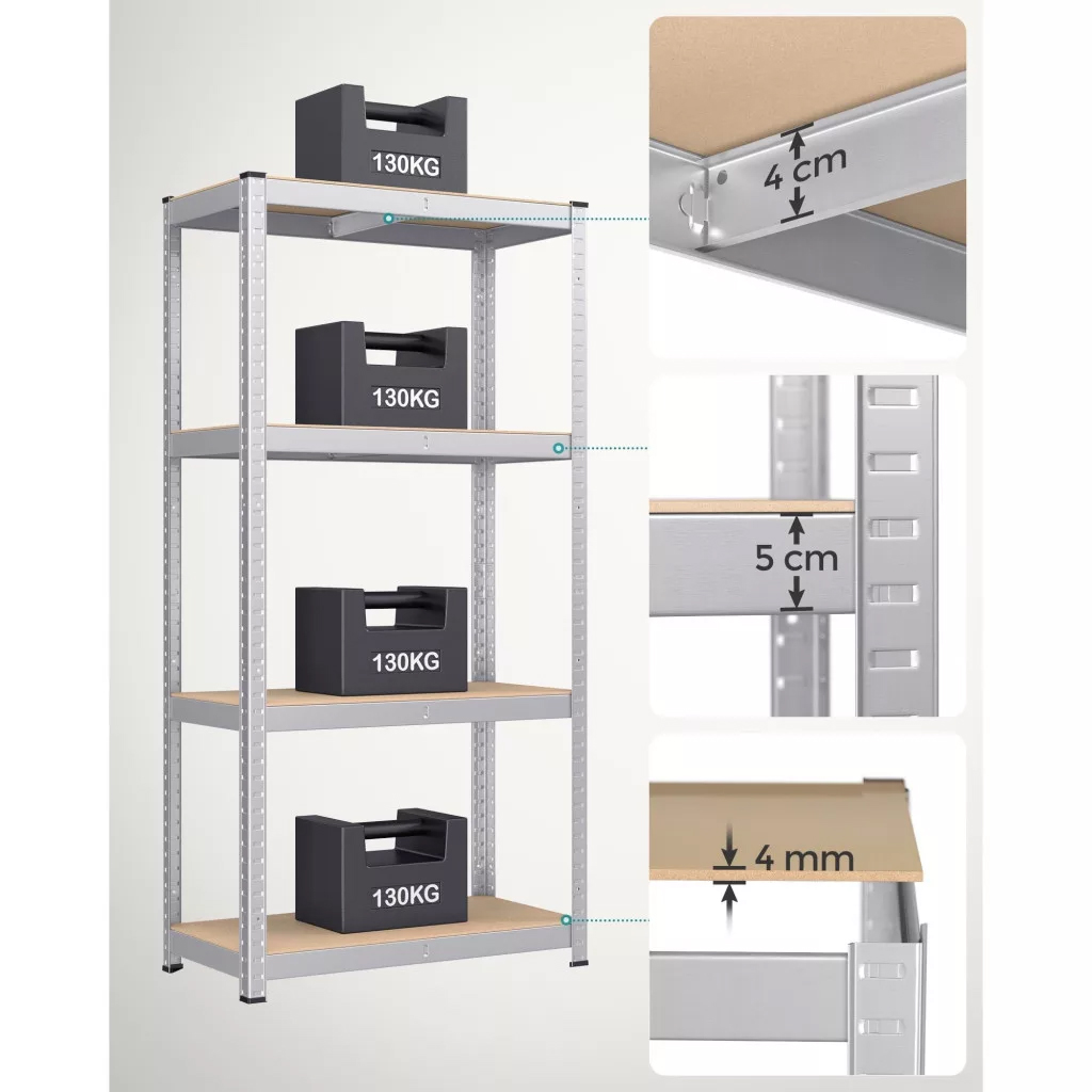 SONGMICS Set 2 rafturi metalice cu 4 polite MDF reglabile, 80x40x160 cm, gri - imagine 3