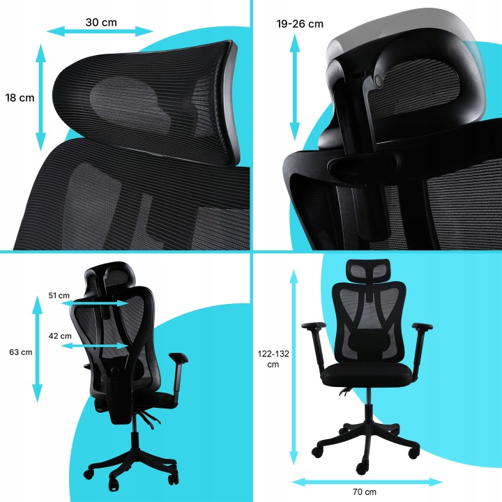 Scaun birou ergonomic, reglabil, cu suport lombar si tetiera, plasa mesh, maxim 120 kg, 50x50x126 cm, negru - imagine 15