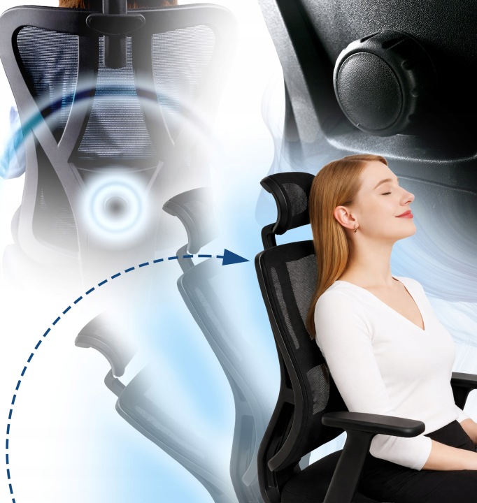 Scaun birou ergonomic, reglabil, cu suport lombar si tetiera, plasa mesh, maxim 120 kg, 50x50x126 cm, negru - imagine 12